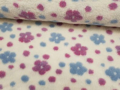 Baumwolle/Woll Teddy Blumen wollweiß/blau/lila