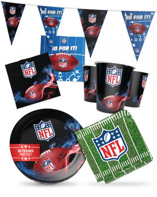 NFL Party-Set Football 34tlg Tischdecke Wimpelkette 6 Teller 6 Becher Servietten