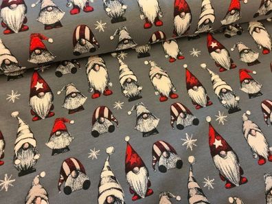 French Terry Weihnachten Zwerge Grau