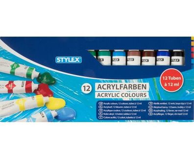 Stylex Acrylfarben Set 12 Tuben 12 Farben a 12 ml Malfarbe Künstler Acryl