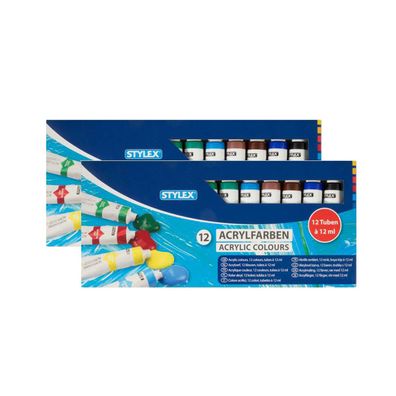 2x Stylex Acrylfarben Set 12 Tuben 12 Farben a 12 ml Malfarbe Künstler Acryl