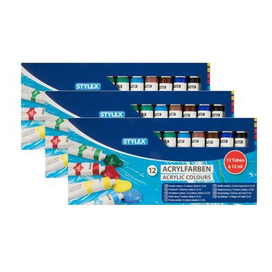 3x Stylex Acrylfarben Set 12 Tuben 12 Farben a 12 ml Malfarbe Künstler Acryl