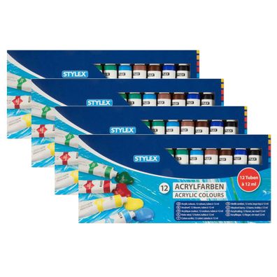 4x Stylex Acrylfarben Set 12 Tuben 12 Farben a 12 ml Malfarbe Künstler Acryl