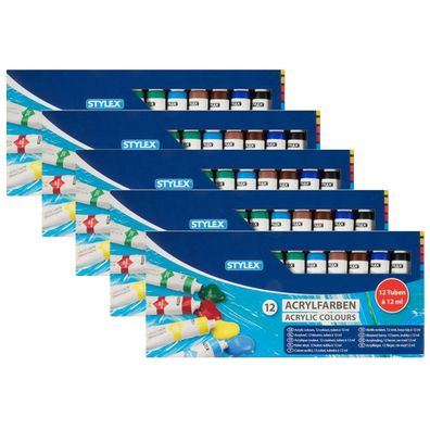 5x Stylex Acrylfarben Set 12 Tuben 12 Farben a 12 ml Malfarbe Künstler Acryl