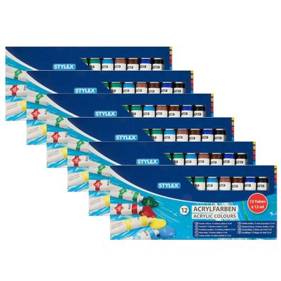 6x Stylex Acrylfarben Set 12 Tuben 12 Farben a 12 ml Malfarbe Künstler Acryl