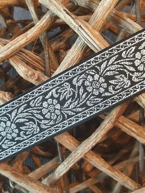 Jaquardborte Blumen schwarz/silber 25mm