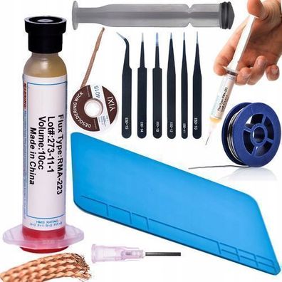 Rosfix Set Lötzubehör RMA-223 Flux, Zinn, Matte, Entlötlitze, Pinzetten