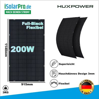 200W HUX-POWER® · Flexibles Solarpanel mit Ösen · Full Black · 1140x915x3 mm