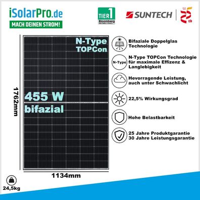 455W Suntech Ultra V Pro STP455S-I54-Nsh+ · N-Type TOPCon · Bifazial Glas/Glas