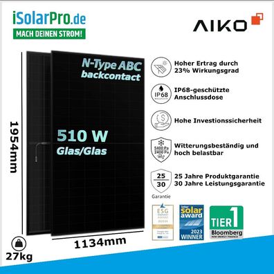510W AIKO Neostar 2S+ A-MAH60Db · ABC Back-Contact · N-Type · Glas/Glas · 1500 V
