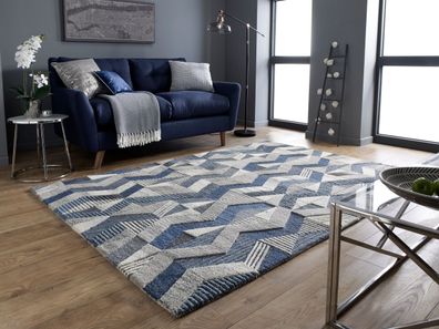 Wollteppich geometrisch kühle Töne Wohnzimmer modern elegant - ESK Kadima Design