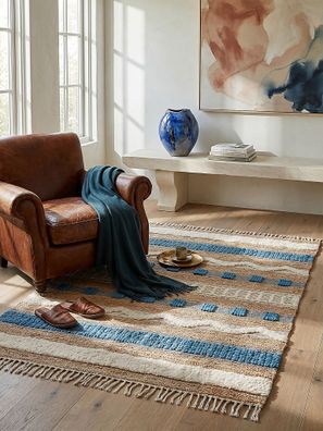 Naturfaser Teppich Jute Wolle handgewebt Fransen Ethno - WHARFE Kadima Design