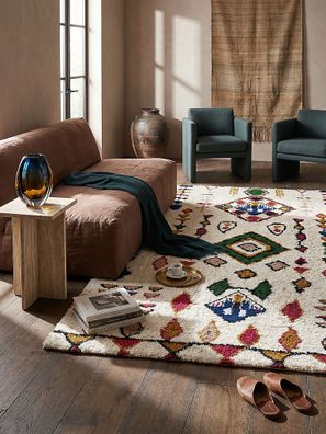Wollteppich Berber Rauten Boho Hochflor Wohnzimmer Schlafzimmer - BRUE Kadima