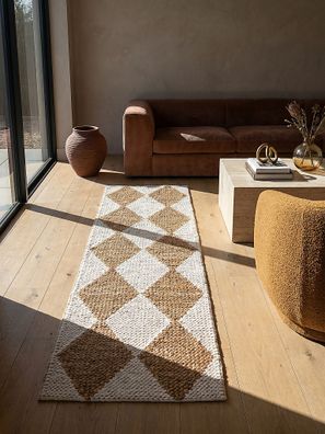 Juteteppich Flachgewebe Rautenmuster Naturfaser rustikal Wohnzimmer - BAIN Kadima