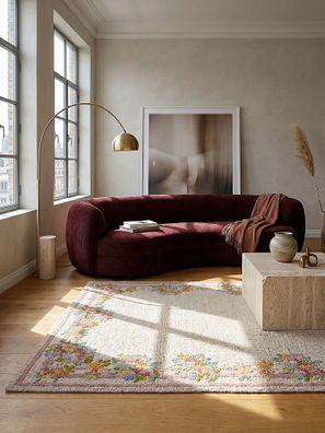 Wollteppich Blumenbordüre handgetuftet Cottage Kurzflor Wohnzimmer - DAISY Kadima
