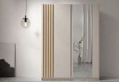 AX LIVING Kleiderschrank Beige mit Spiegel 150 cm Beralto mit Lamellen