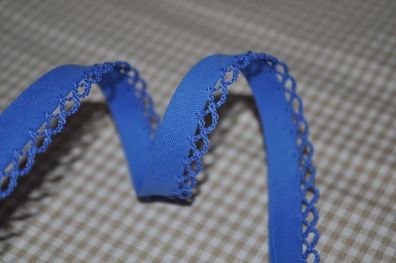 Schrägband uni mit Häkelborte blau