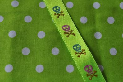 Satinband Totenkopf Glitzer Neon grün