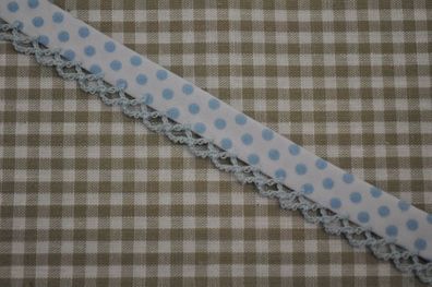 Schrägband Punkte mit Häkelborte weiß/hellblau