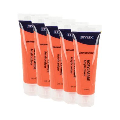 5x Acrylfarbe 200 ml STYLEX Acryl Farben Malfarbe Künstlerfarbe Malen Zinoberrot