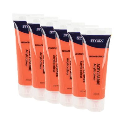 6x Acrylfarbe 200 ml STYLEX Acryl Farben Malfarbe Künstlerfarbe Malen Zinoberrot