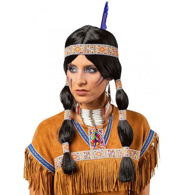 Perücke Indianerin schwarz mit rot/blau/gelbem Band