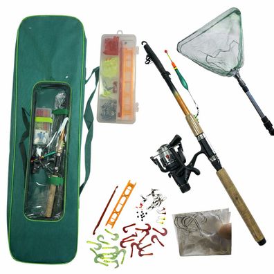 32 Tlg. Angelset 2,10 m XT-2105 Teleskoprute Inkl. Rolle, Kescher, asche