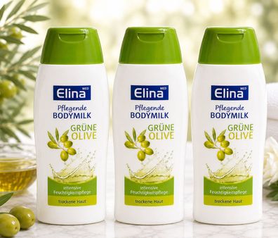3x200ml Elina Bodymilk Grüne Olive Körperlotion für trockene Haut Pflege Body Milk