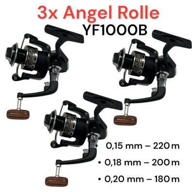 3x Angelrolle YF1000B – Spinnrollen-Set mit Frontbremse & Holzgriff – Barsch Zander H