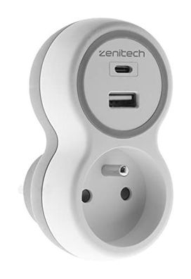 16A Steckdose mit 2 USB-A und C Ladeanschl?ssen wei?/grau Zenitech