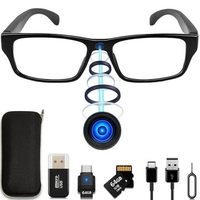 Mini-Spionagekamera getarnt als Brille, Full-Set mit 64GB microSD-Karte und Zubeh?r