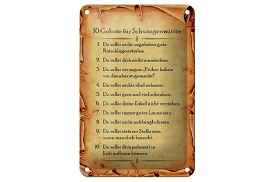 Blechschild 10 Gebote für Schwiegermütter, 3 vers. Größen Spruch