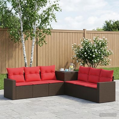 vidaXL Sofa Set 7 pcs Braun und Rot Polyrattan und Stahl