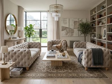 Beiges Wohnzimmer-Set 2,5 + 2,5 + 1-Sitzer-Sofas gesteppte Klassiker Chesterfield
