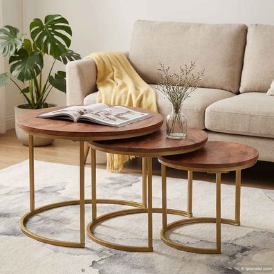 vidaXL Nesting-Couchtische 3 pcs Honigbraun Massivholz Mango und Stahl