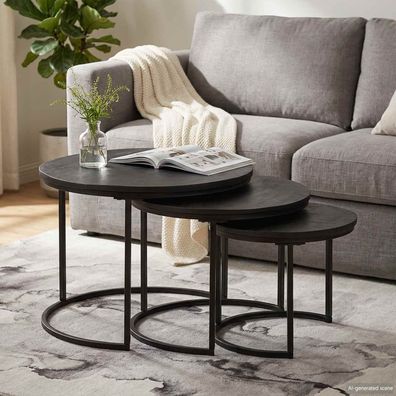 vidaXL Nesting-Couchtische 3 pcs Schwarz Massivholz Mango und Stahl