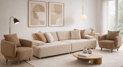 Set 3-Sitzer-Sofa Sessel Wohnzimmer Stil modern Farbe beige neu Stoff Holz