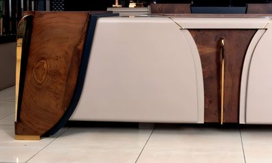 Designer Schreibtisch Beige Holzrahmen mit goldenen Details und modernem Look