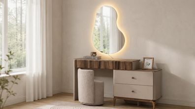 Modernes Schminktisch Set Holz-Optik Hocker Skandi Frisiertisch Beige