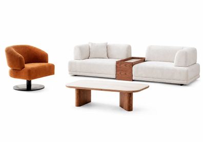 Wohnzimmer Set Sofa 2 + 1 Sitzer Designer Holz Couchtisch Modern Luxusmöbel