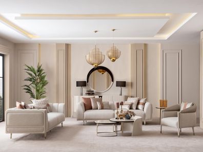 Beiges Wohnzimmer-Set 3-Sitzer-Sofas Sessel Couchtisch Beistelltisch Spiegel