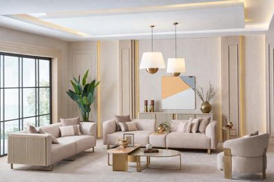 Luxus Beige Elegante Polstergarnitur mit Sofa Sessel und Couchtisch