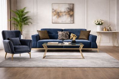 Blaue Sofagarnitur Stilvoller 3-Sitzer Textilsessel Wohnzimmer 2tlg Set