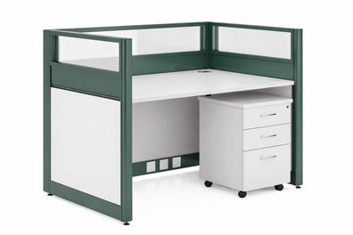 Modularer Büroarbeitsplatz mit Sichtschutz und Rollcontainer Set