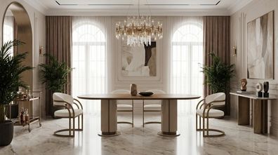Beige-braunes Esszimmer-Set großer Esstisch 4 Stühle Esszimmermöbel