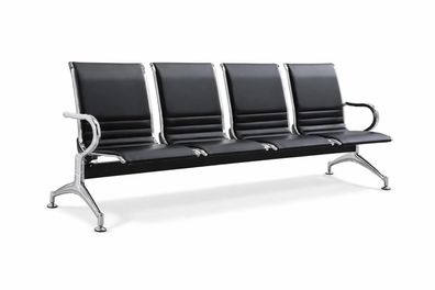 Elegante Vier-Sitzer-Wartebank mit schwarzem Leder und Chromrahmen