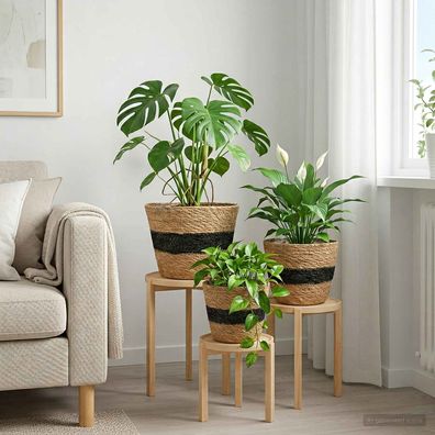 vidaXL Seegras Pflanzenkörbe 3 pcs Natürlich und Schwarz Ø26 x 19 cm