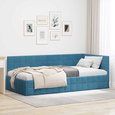vidaXL Eckbettgestell mit Kopfteil Blau 90 cm x 200 cm Samt