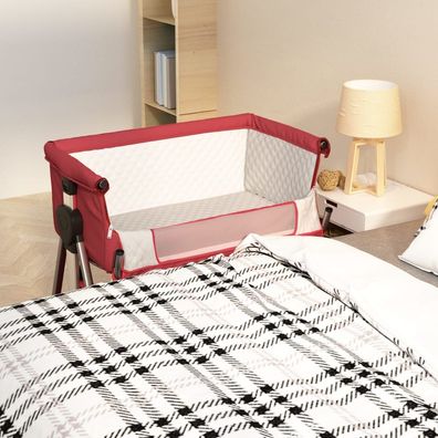 Babybett Rot mit Matratze Leinenstoff Kinderbett