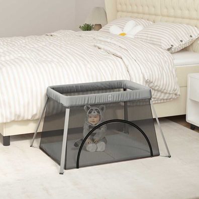 Laufstall Grau Leinenstoff mit Matratze 120x60 cm